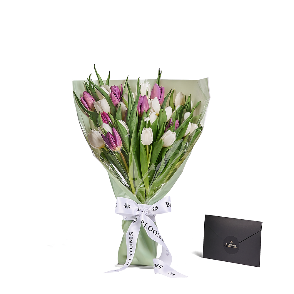 Graceful Lilac and White Tulip Bouquet in Floral Wrap – how the gift is presented
