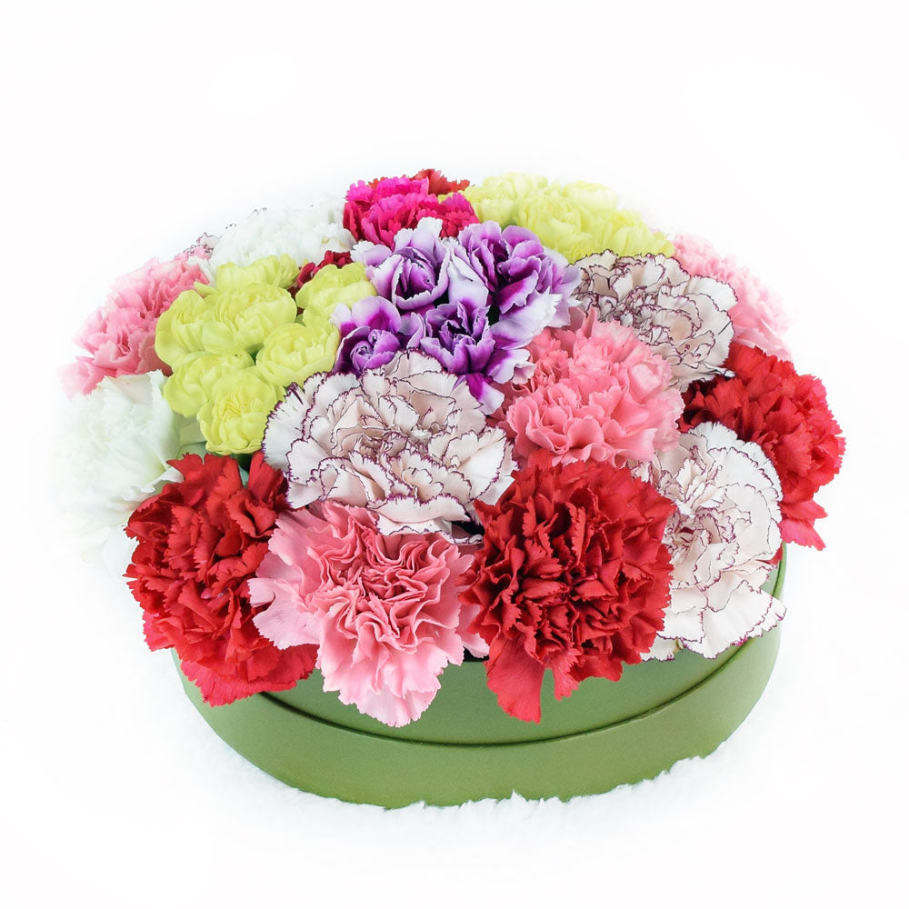 Colorful Carnations and Ruscus Flower Arrangement in Designer Hat Box – how the gift is presented
