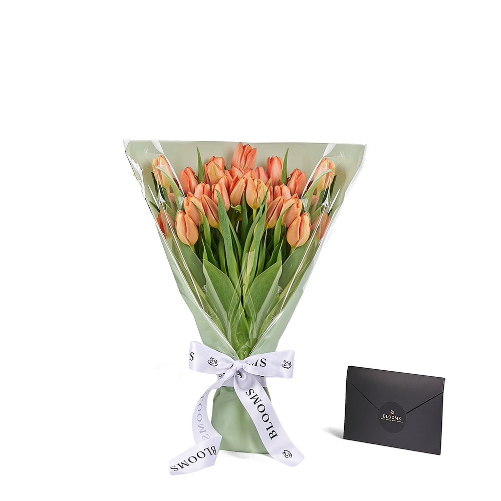 20-Stem Peach Tulip Bouquet Gift Wrapped – how the gift is presented