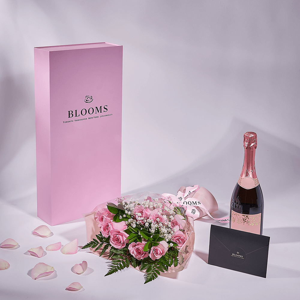 Mother’s Day 12 Stem Pink Rose Bouquet with Box & Champagne, champagne gift, champagne, sparkling wine gift, sparkling wine, mothers day gift, mothers day, Los Angeles delivery