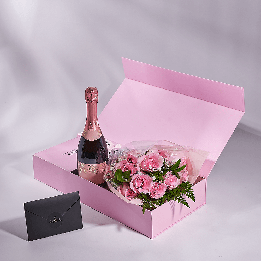 Mother’s Day 12 Stem Pink Rose Bouquet with Box & Champagne, champagne gift, champagne, sparkling wine gift, sparkling wine, mothers day gift, mothers day, Los Angeles delivery
