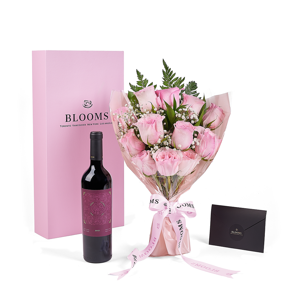 Mother's Day Pink Rose Bouquet with Wine – how the gift is presented