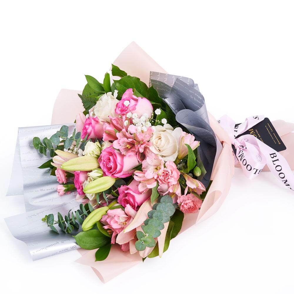 Pastel Roses and Peonies Large Bouquet Wrapped in Ribbon – how the gift is presented