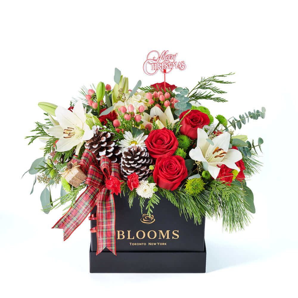 Holiday Season Gourmet Box Arrangement in Designer Black Box – how the gift is presented