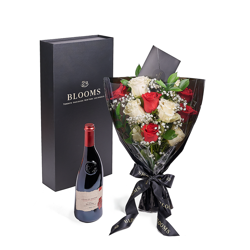 Valentine's Red & White Rose Bouquet and Wine Present – how the gift is presented