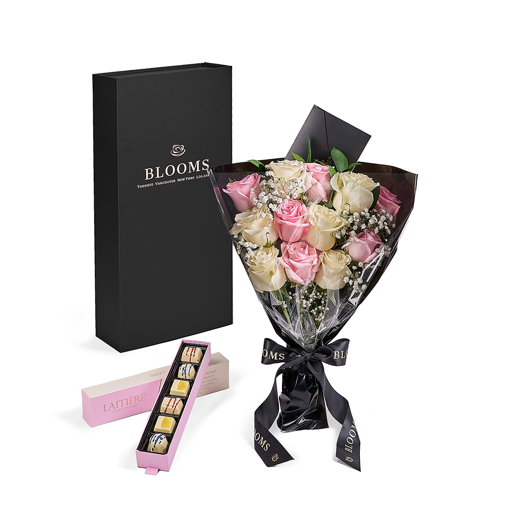 Valentine's Day Pink & White Rose Boxed Bouquet with Chocolate Truffles – how the gift is presented