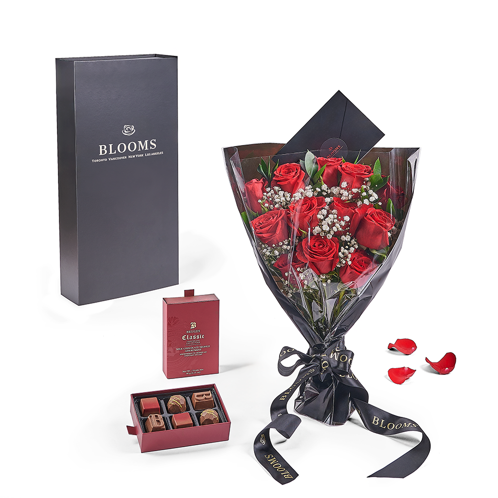 Valentine's Day Red Rose Bouquet with Salal, Baby's Breath & Chocolate Gift Box – how the gift is presented