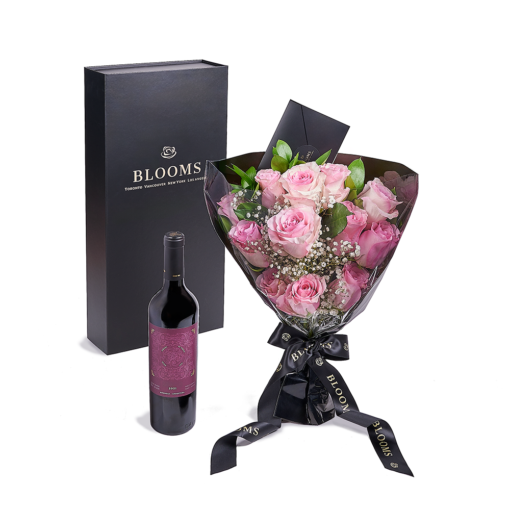 Valentine's Day Pink Rose and Baby's Breath Bouquet with Wine Gift – how the gift is presented