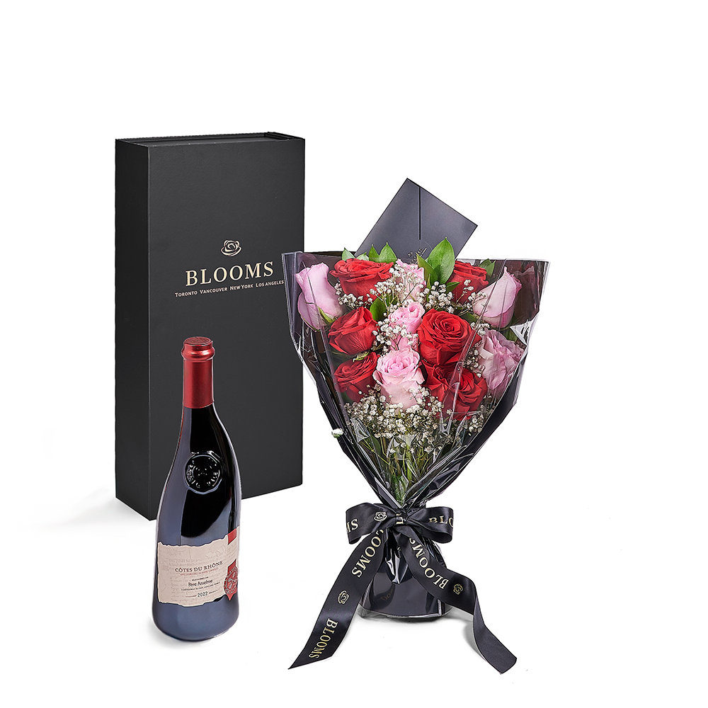Valentine's Day Mixed Red and Pink Rose Bouquet with Wine in Black Box – how the gift is presented