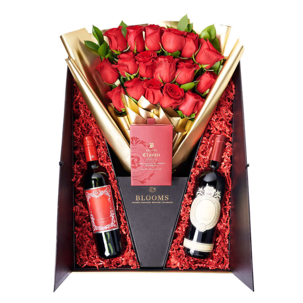 Valentine's Day 18 Red Rose Floral Arrangement with Wine and Chocolate Truffles – how the gift is presented