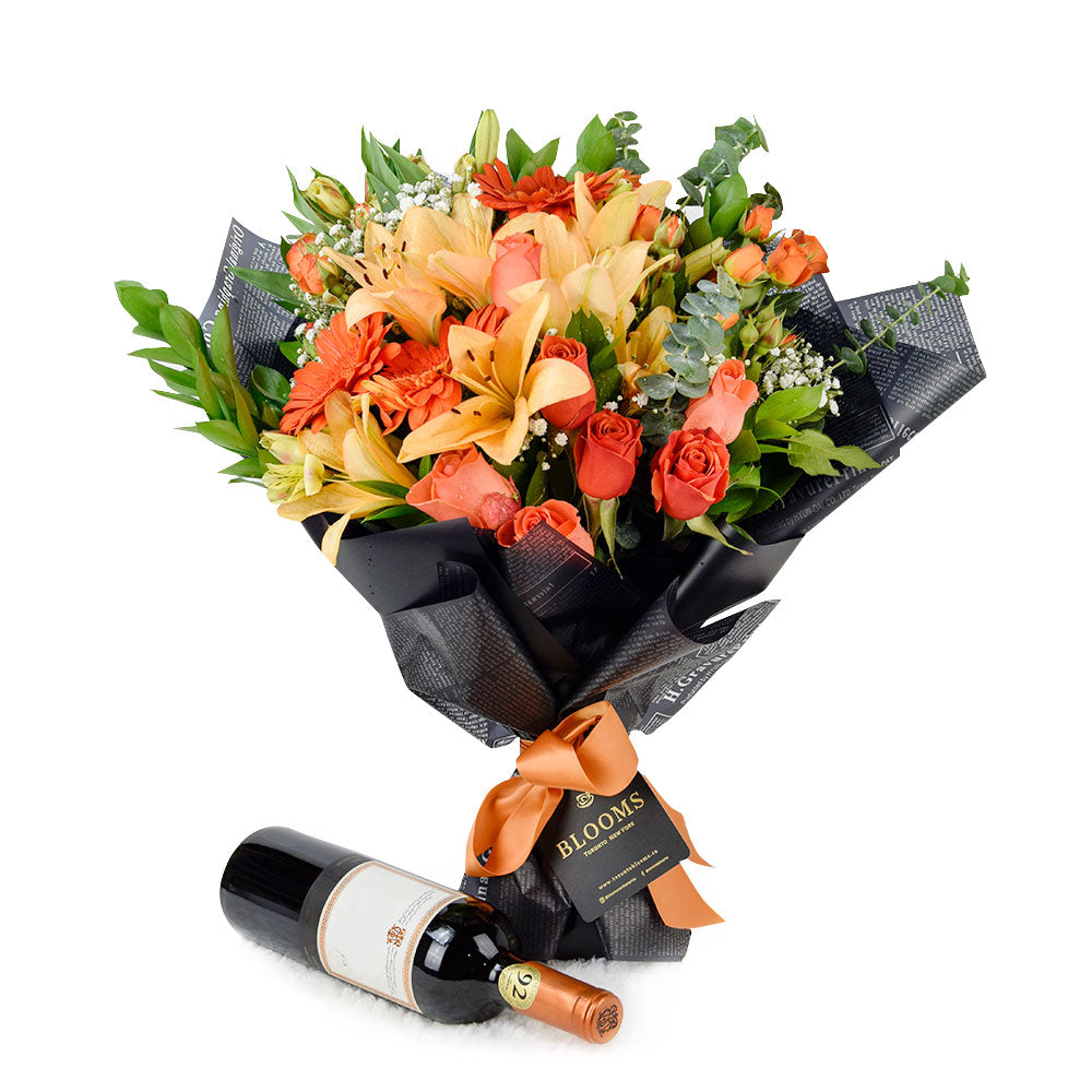 Wine and Mixed Floral Bouquet – how the gift is presented