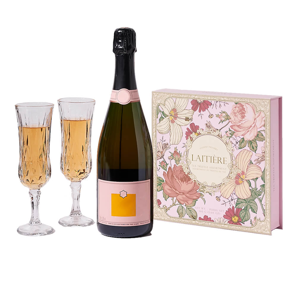 Sparkling Wine Gift Box Featuring Classic Flutes and Gourmet Chocolate Truffles – how the gift is presented
