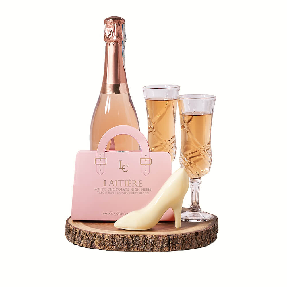 Sparkling Wine Gift Package with White Chocolate Heels and Serving Board – how the gift is presented