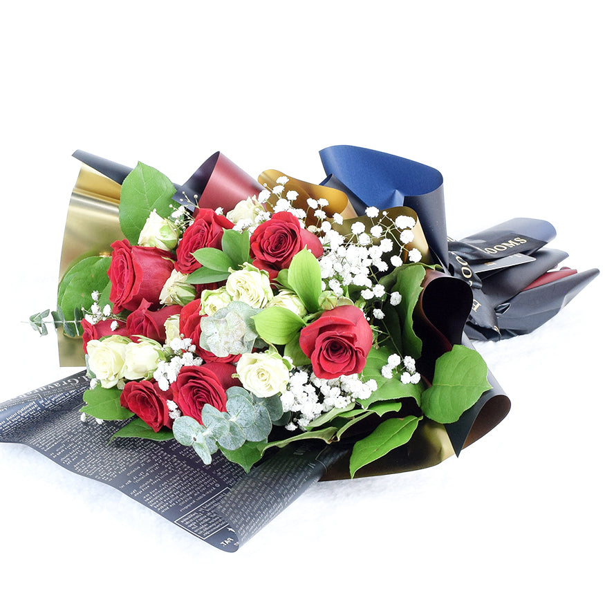 Classic Red Rose and Baby's Breath Bouquet in Designer Wrap – how the gift is presented