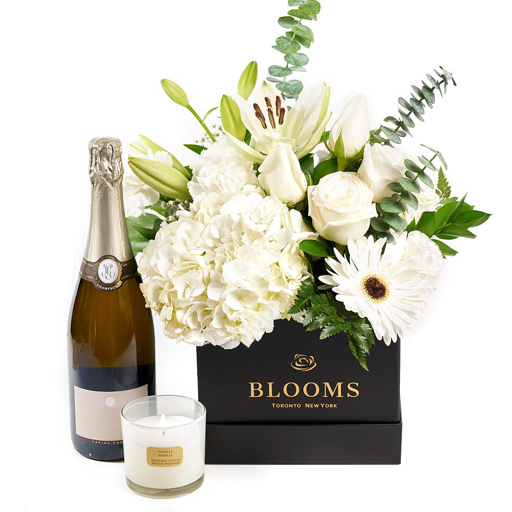 Luxury Sparkling Wine and White Floral Arrangement in Black Hat Box Gift – how the gift is presented