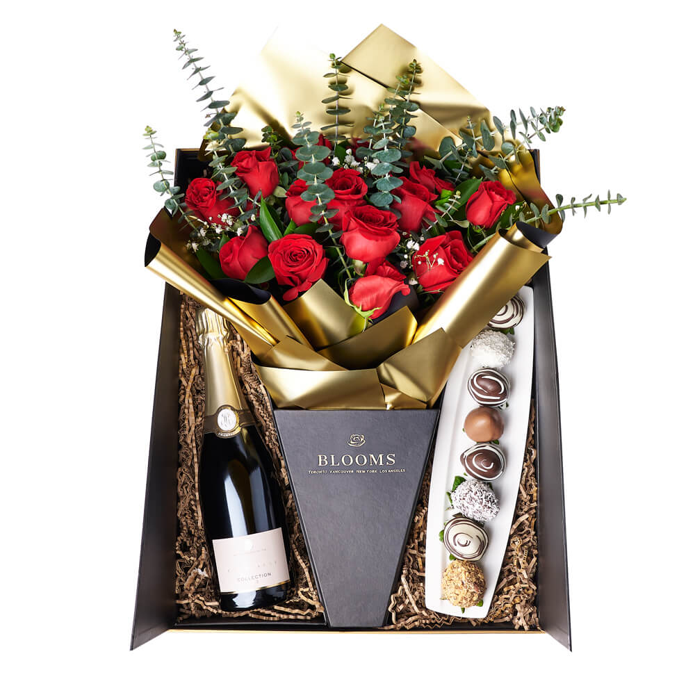 Red Rose and Chocolate Strawberry Sparkling Wine Gift in Elegant Box – how the gift is presented