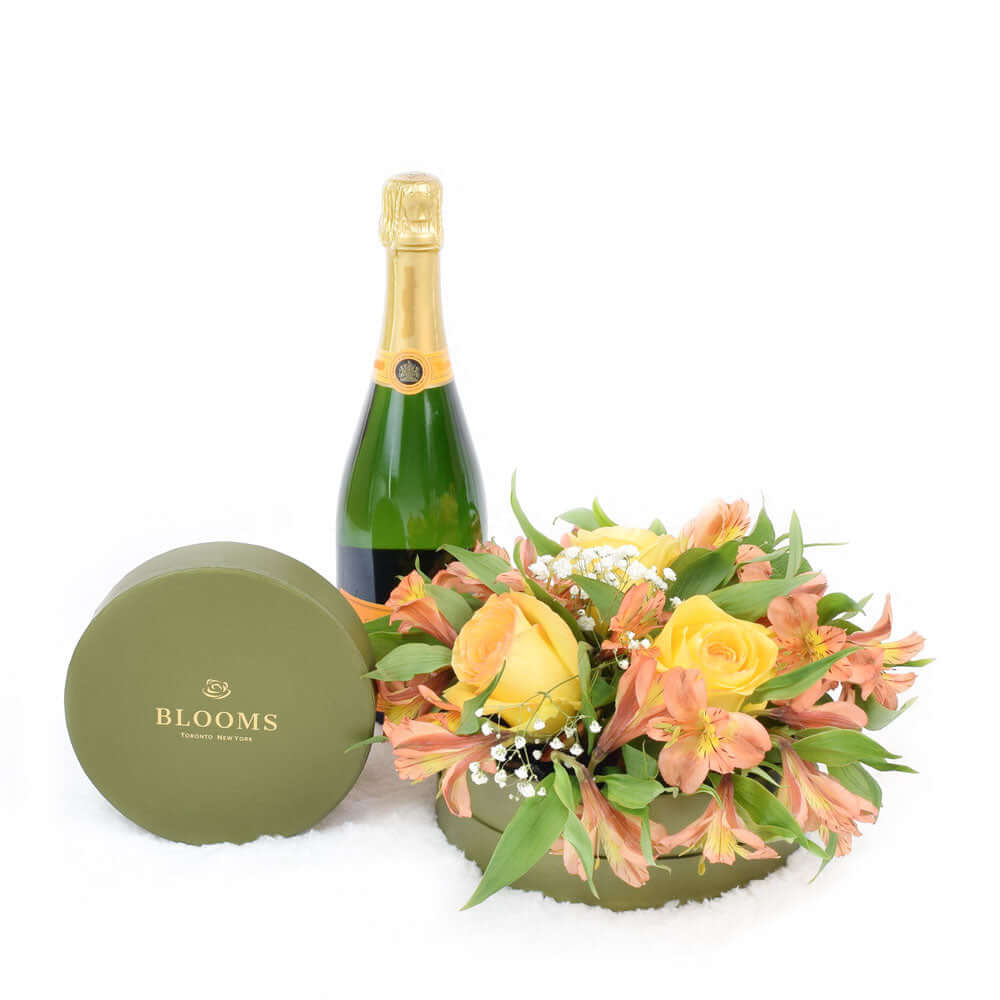 Sparkling Wine Gift with Assorted Chocolate Truffles and Floral Hat Box – how the gift is presented