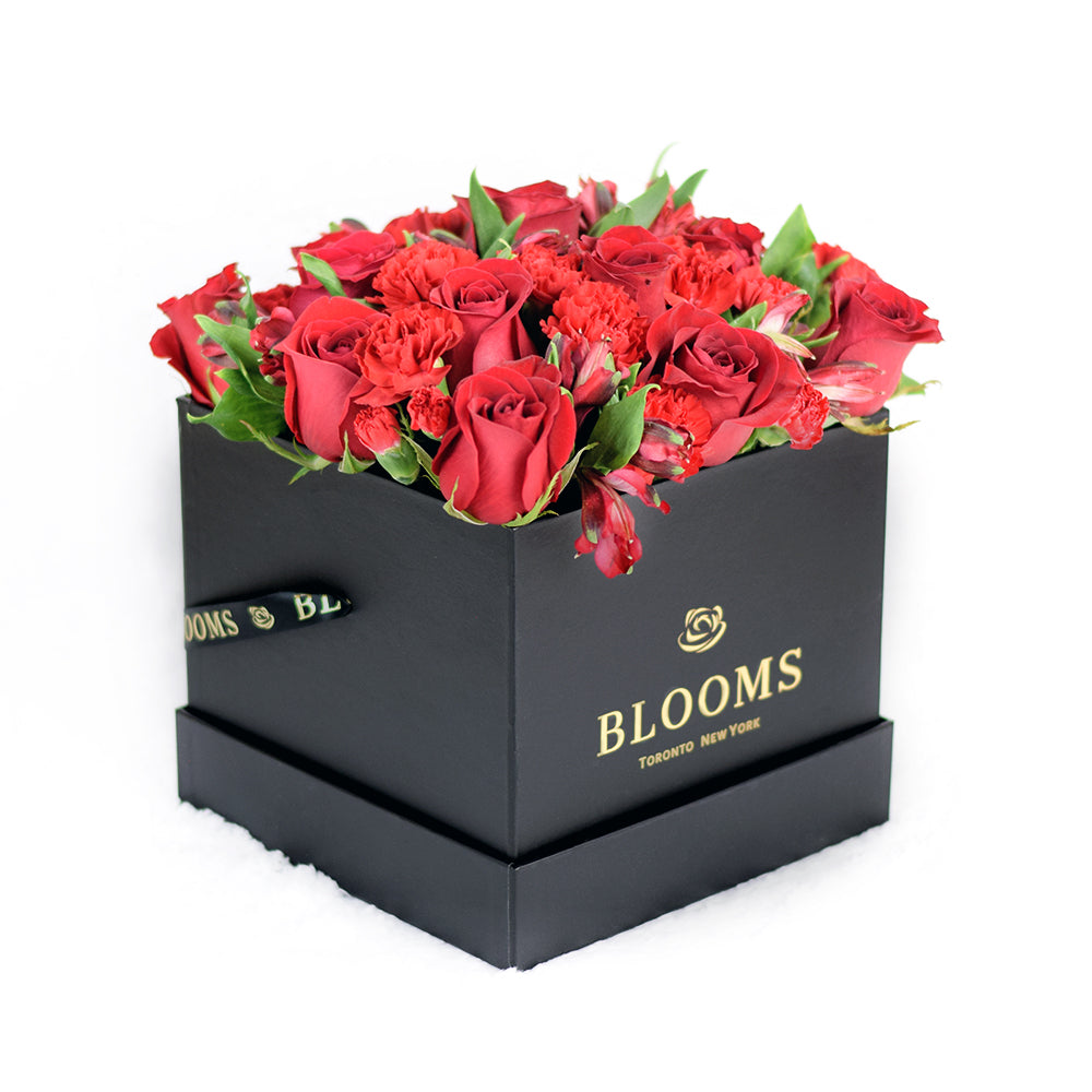 Romantic Red Roses and Alstroemeria Flower Arrangement in Designer Box – how the gift is presented