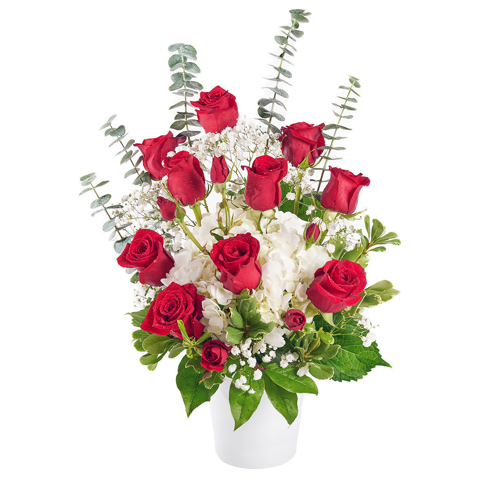 Classic Red Rose and White Hydrangea Arrangement in Ceramic Vessel – how the gift is presented