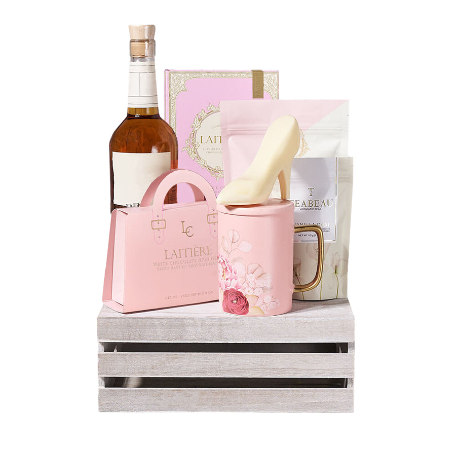 Liquor & Perfect Pink Chocolate Crate, liquor gift, liquor, chocolate gift, chocolate, tea gift, tea. Los Angeles Delivery