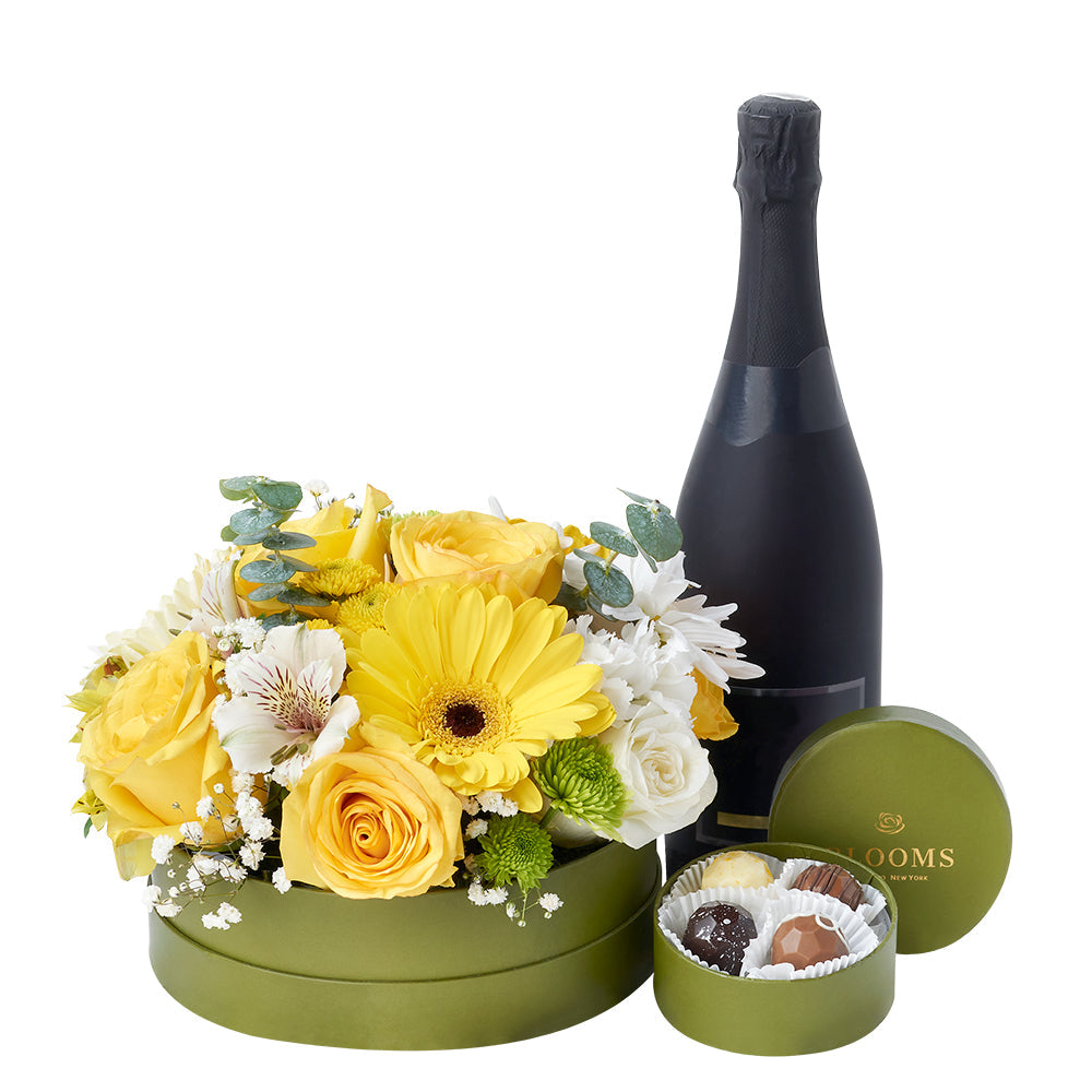 Celebrations Galore Flowers &amp; Champagne Gift - Mixed Floral Hat Box and Sparkling Wine Gift - Los Angeles Delivery