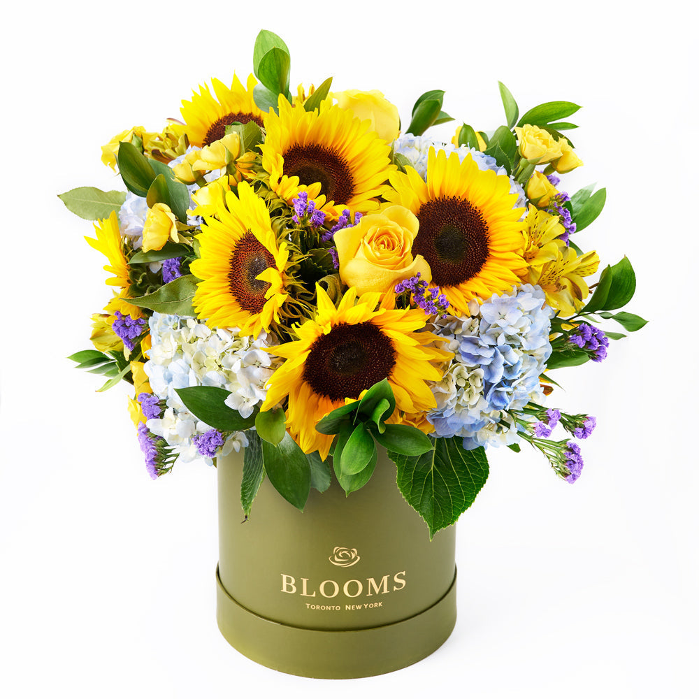 Deluxe Mixed Flower Arrangement with Sunflowers in Green Box – how the gift is presented