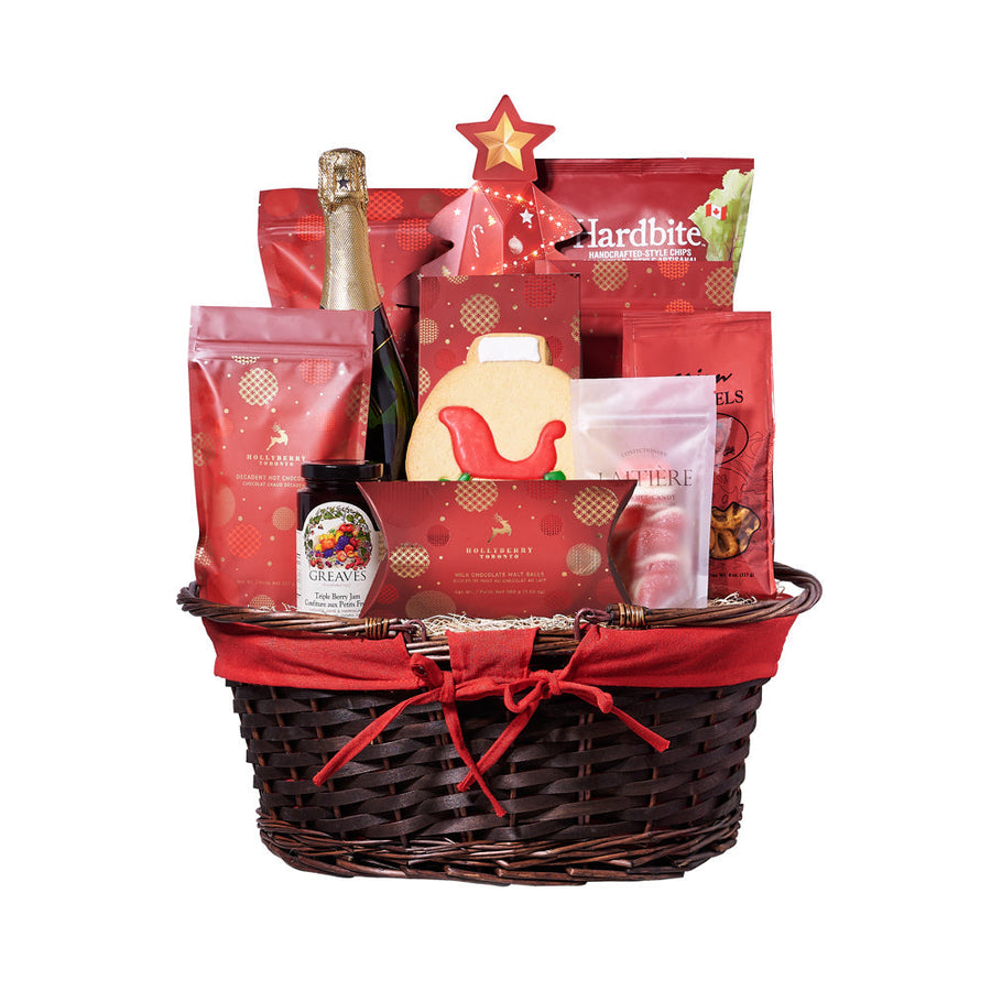 Gourmet Christmas Goodies Champagne Gift Basket, chocolate, champagne, champagne gift basket, gift basket, basket, gift, goodies, christmas, holiday, pretzel, popcorn, chips, shortbread, cookies, delivery, Los Angeles