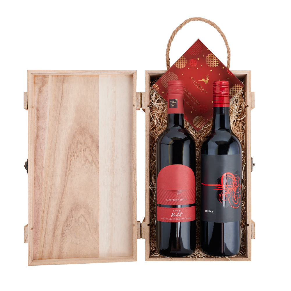 Christmas Wine Duo Gift Box, wine gift, wine, chocolate gift, chocolate, gourmet gift, gourmet, christmas gift, christmas, holiday gift, holiday