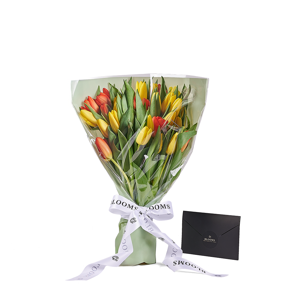 Multicoloured Tulip Bouquet Tied with Designer Ribbon – how the gift is presented