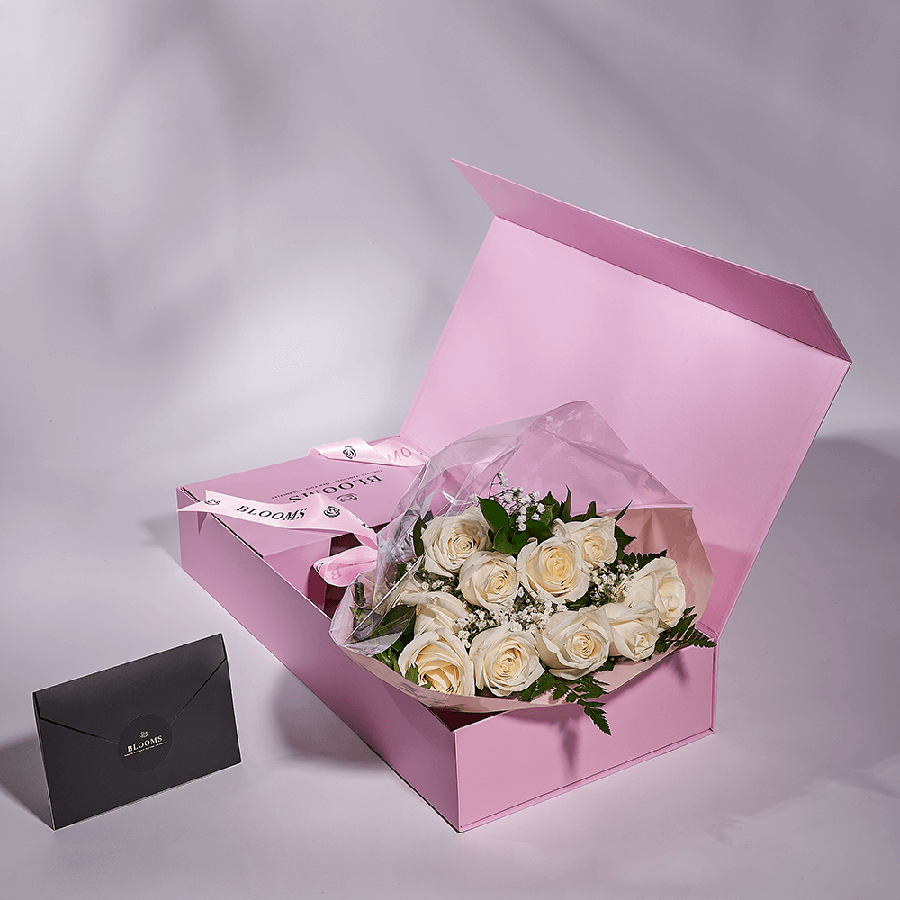 Enduring White Rose Bouquet & Box, floral gifts, rose gifts, gifts, roses, Los Angeles delivery