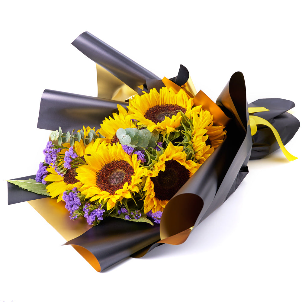 Seasonal Sunflower and Statice Bouquet with Eucalyptus – how the gift is presented