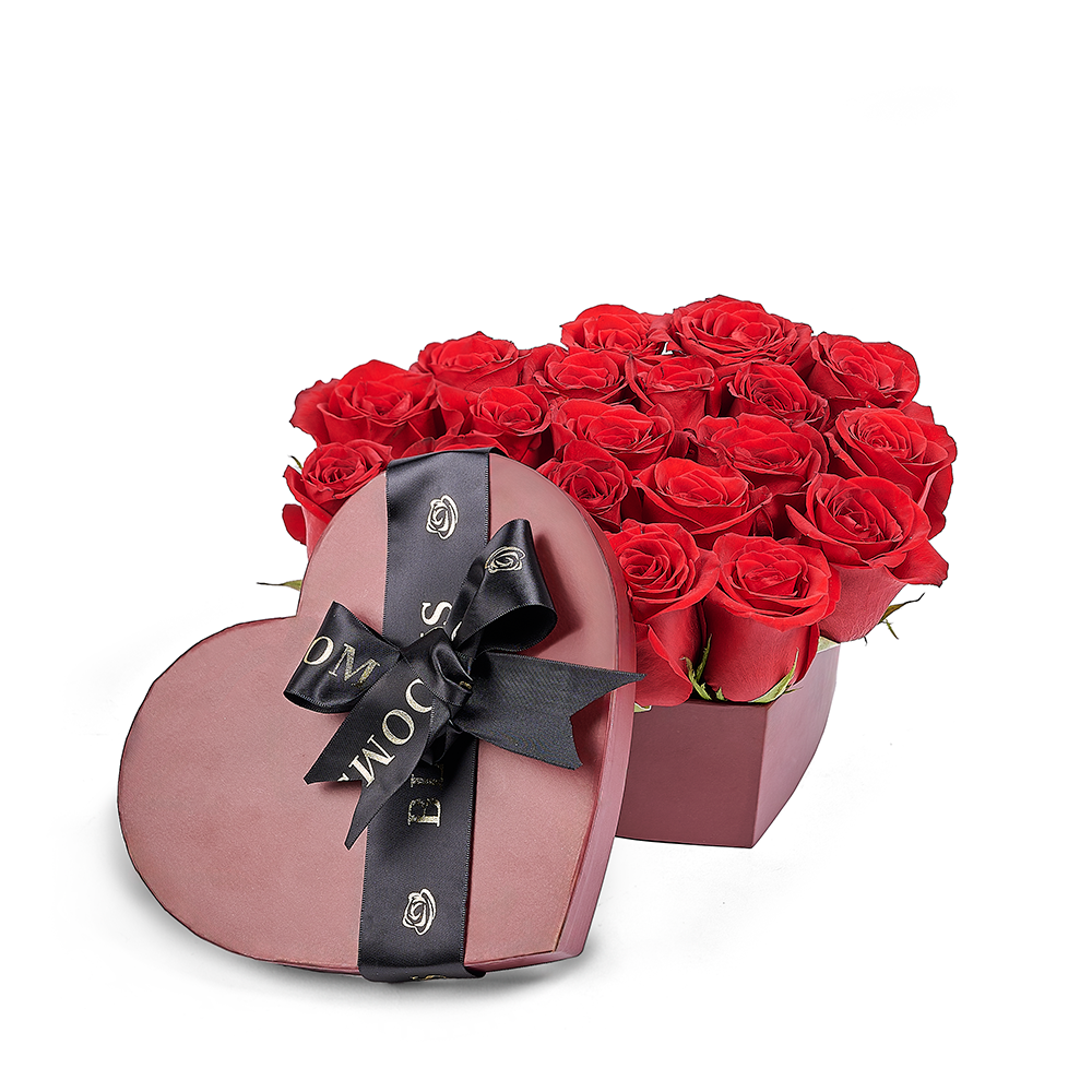 Custom New Year's Gift Baskets - Heart Box of Red Roses
