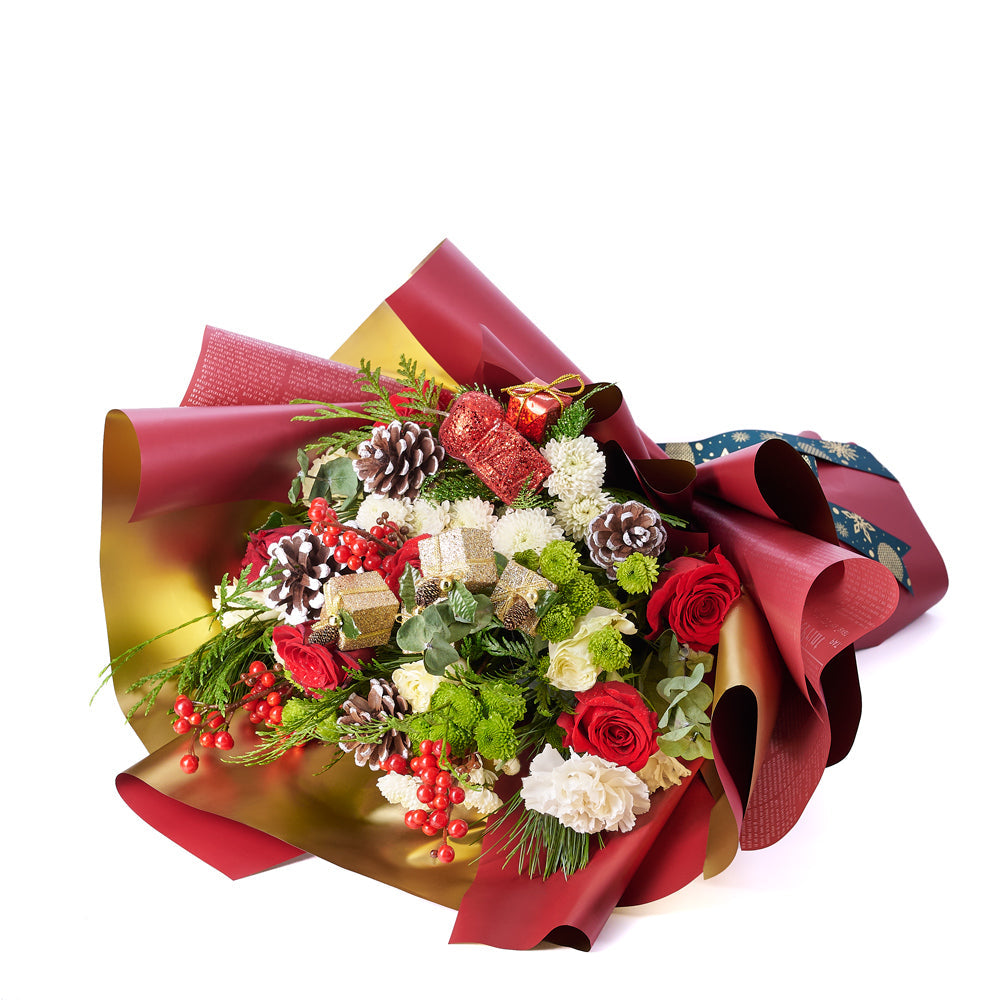 Holiday Roses and Chrysanthemums Bouquet with Festive Accents – how the gift is presented