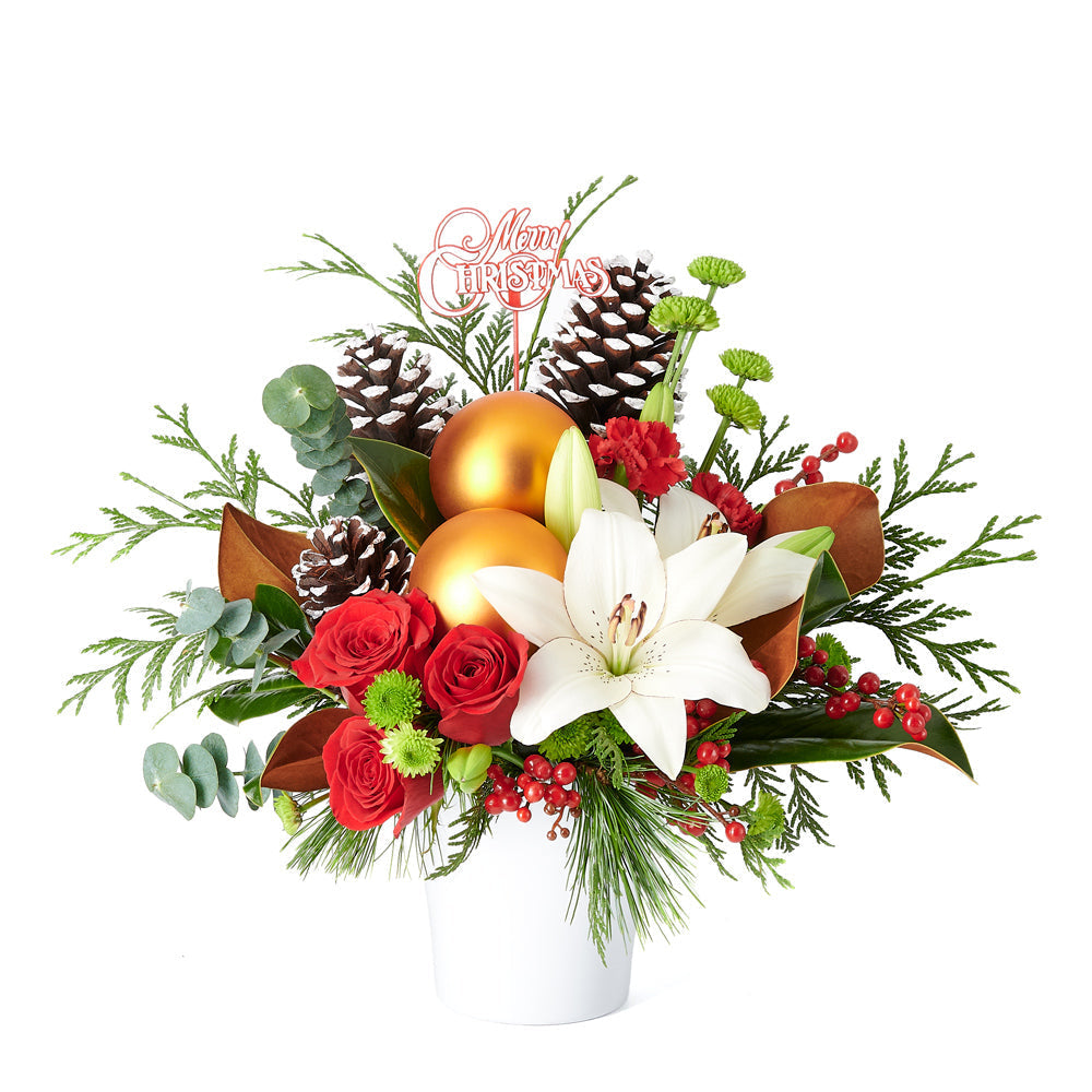 Holiday Chrysanthemum and Pine Cone Christmas Floral Arrangement – how the gift is presented