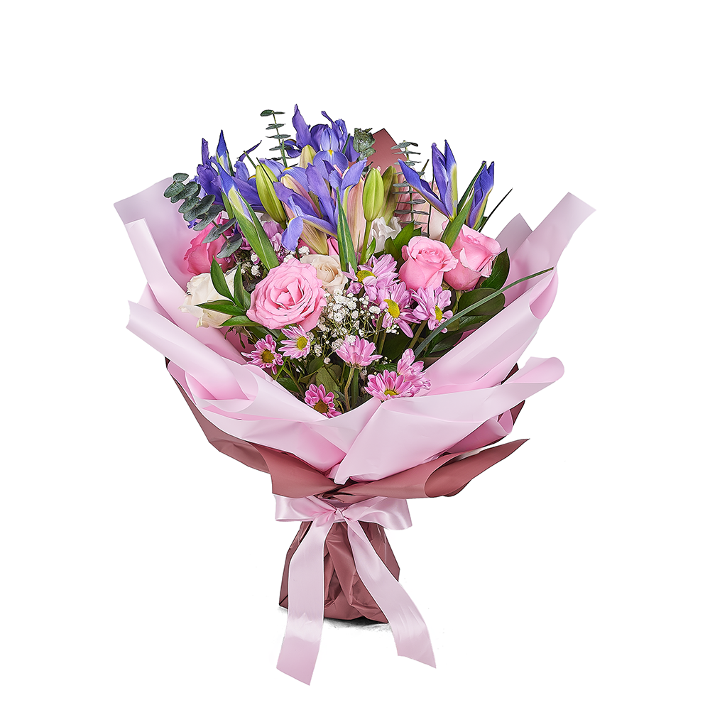 Premium Purple Iris and Lily Bouquet with Roses – how the gift is presented