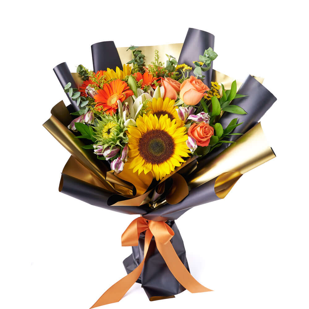 Seasonal Sunflower and Mixed Floral Bouquet with Ribbon – how the gift is presented
