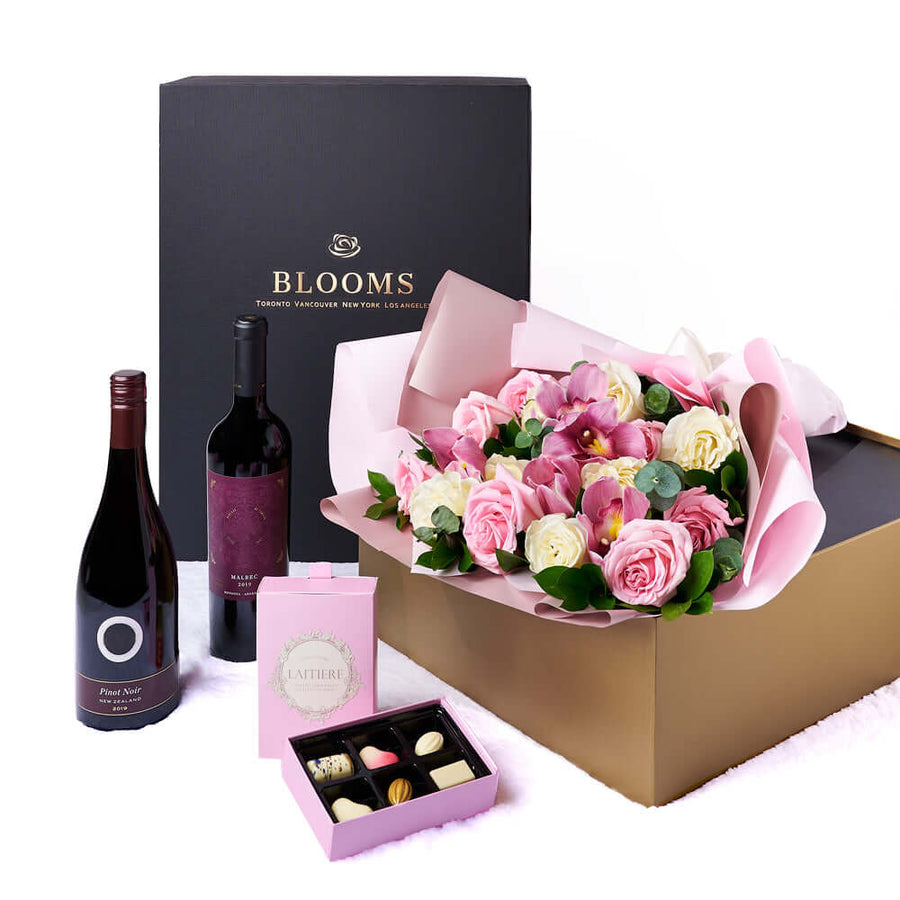 Lush Rose & Orchid Box Gift Set, rose gift baskets, gourmet gifts, gifts, roses, wine gifts. Los Angeles Delivery