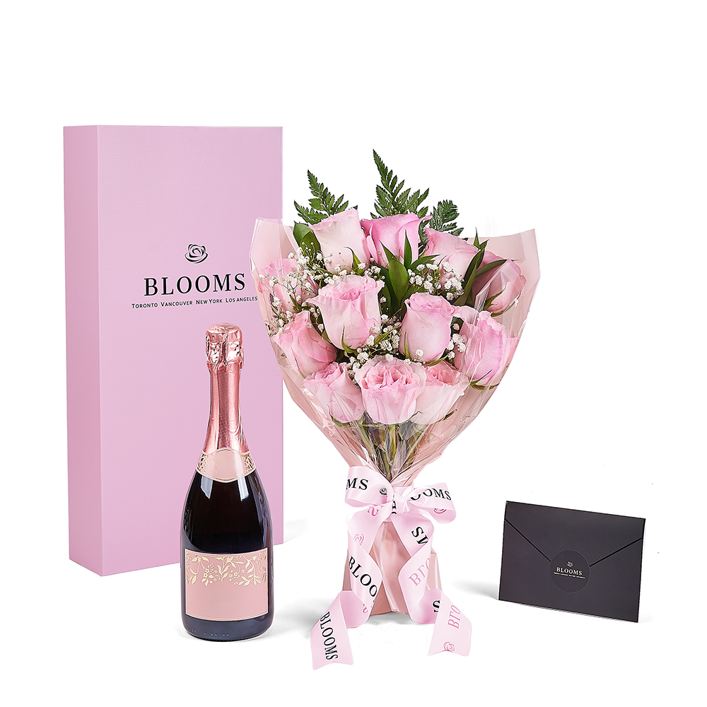Pink Rose Bouquet Box with Bottle of Champagne for Mother's Day – how the gift is presented
