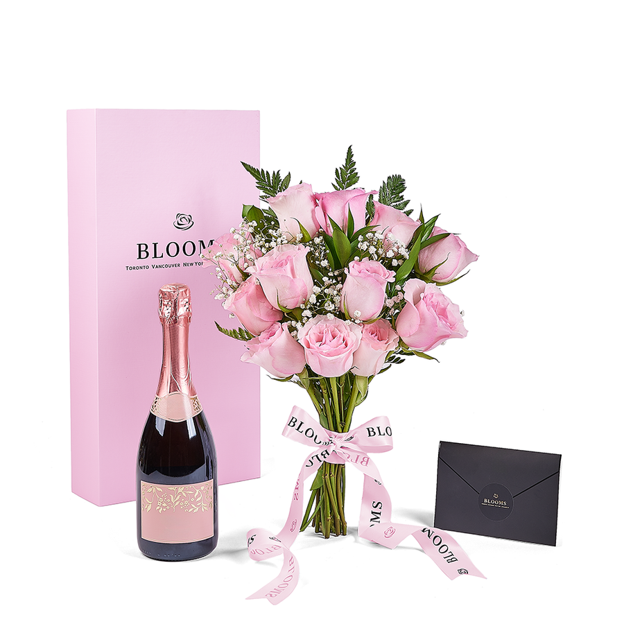 Mother’s Day 12 Stem Pink Rose Bouquet with Box & Champagne, champagne gift, champagne, sparkling wine gift, sparkling wine, mothers day gift, mothers day, Los Angeles delivery