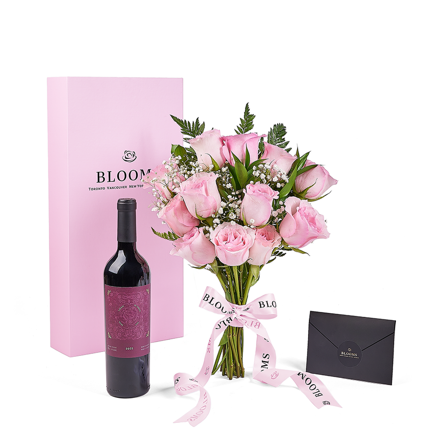 Mother’s Day 12 Stem Pink Rose Bouquet with Box & Wine, rose gift, rose, mothers day gift, mothers day, wine gift, wine, Los Angeles delivery