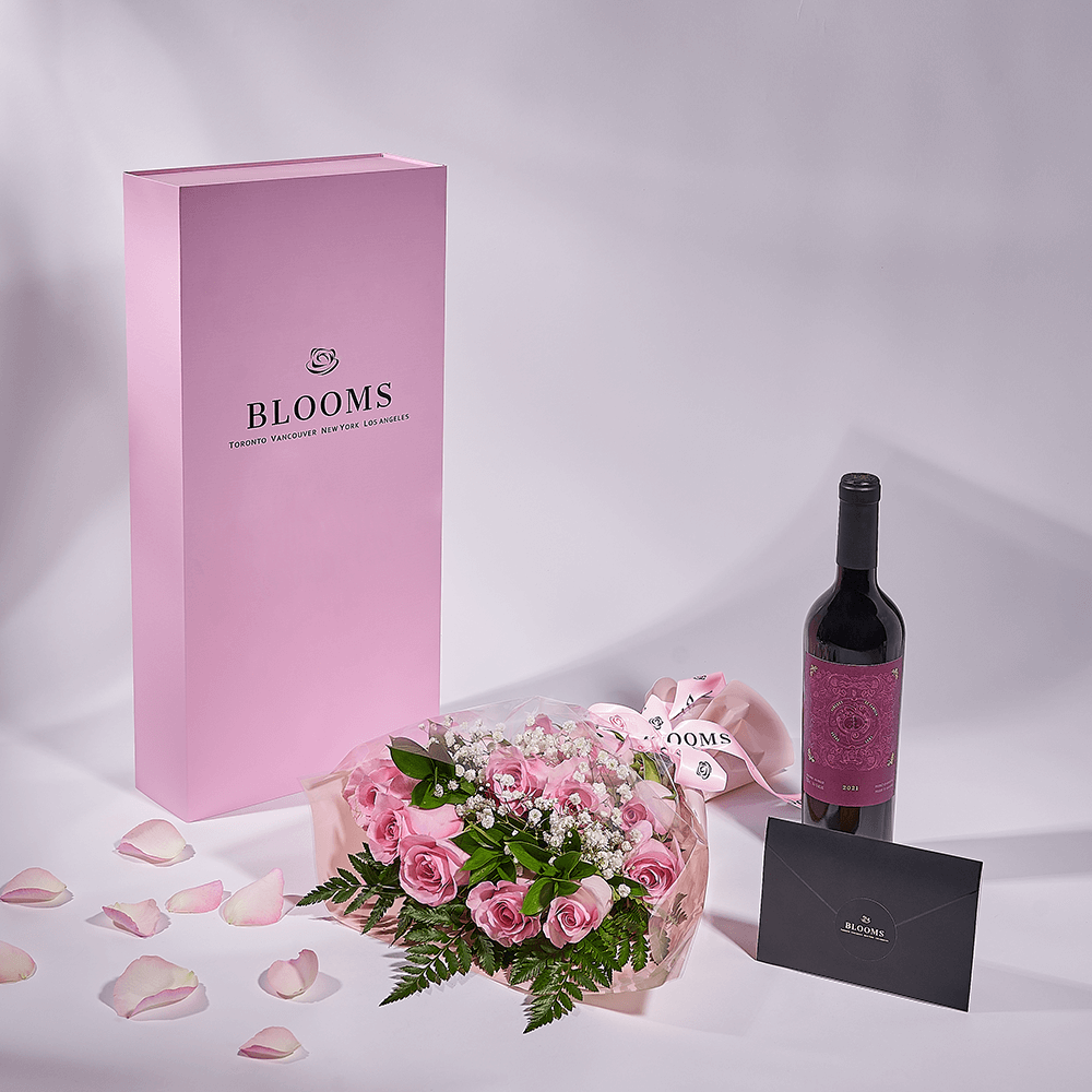 Mother’s Day 12 Stem Pink Rose Bouquet with Box & Wine, rose gift, rose, mothers day gift, mothers day, wine gift, wine, Los Angeles delivery