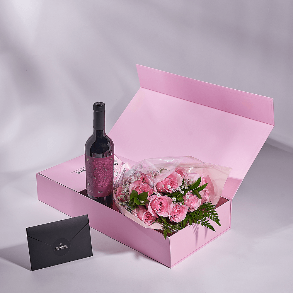 Mother’s Day 12 Stem Pink Rose Bouquet with Box & Wine, rose gift, rose, mothers day gift, mothers day, wine gift, wine, Los Angeles delivery