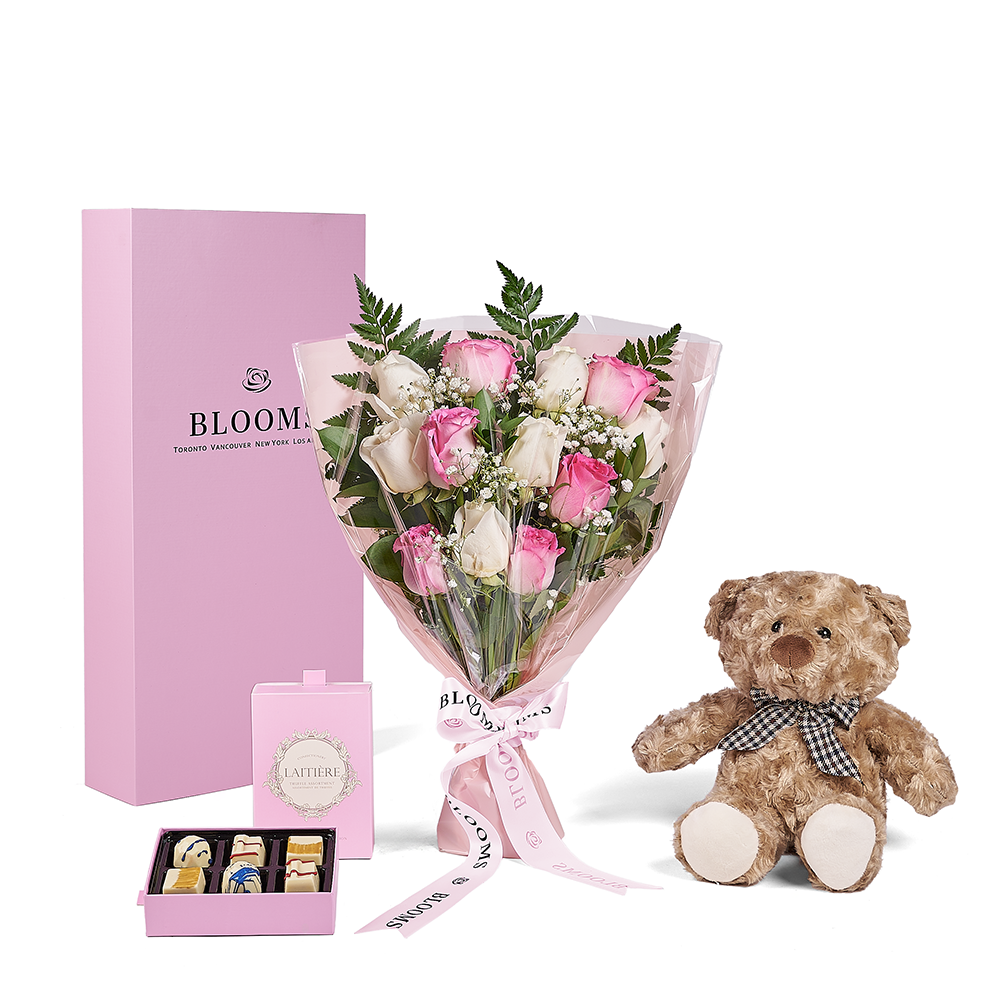 Mother's Day 12 Stem Pink & White Rose Bouquet with Bear & Truffles – how the gift is presented