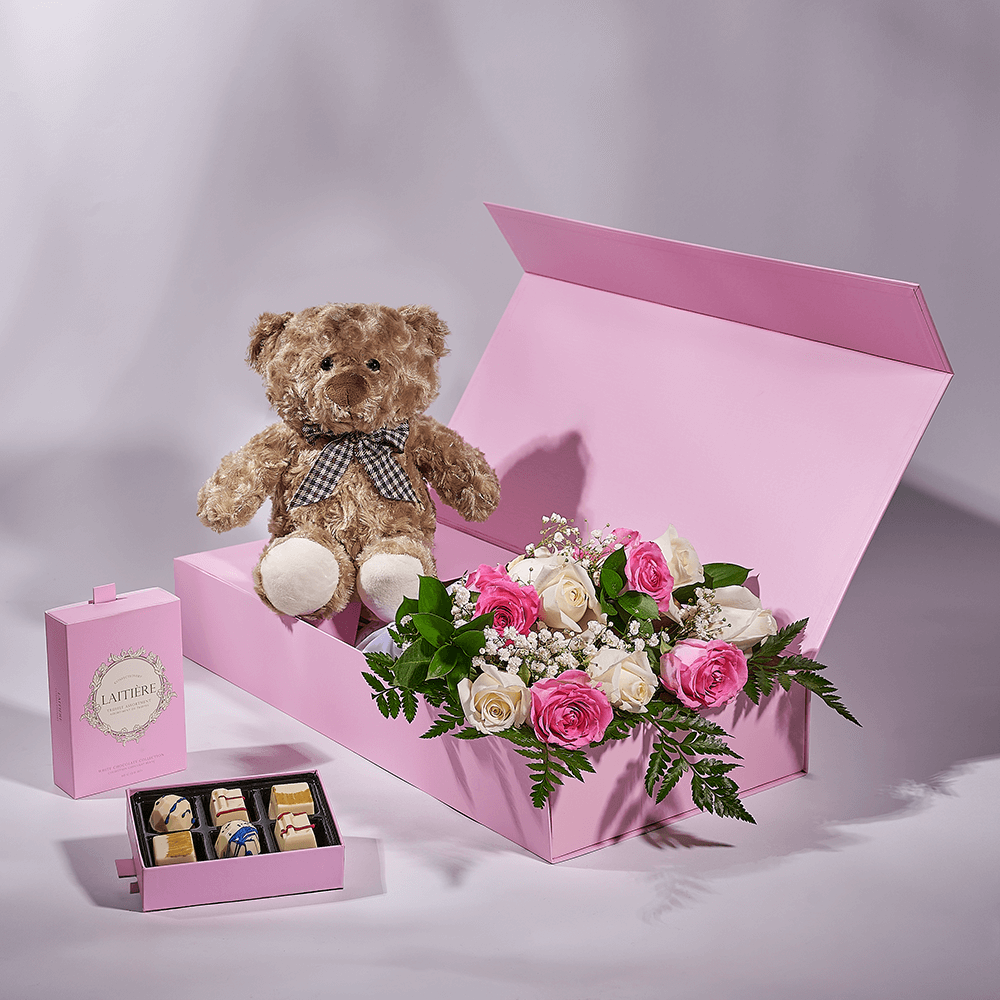 Mother’s Day 12 Stem Pink & White Rose Bouquet with Box, Bear, & Chocolate, mothers day gift, mothers day, plush gift, plush, rose gift, rose, Los Angeles delivery