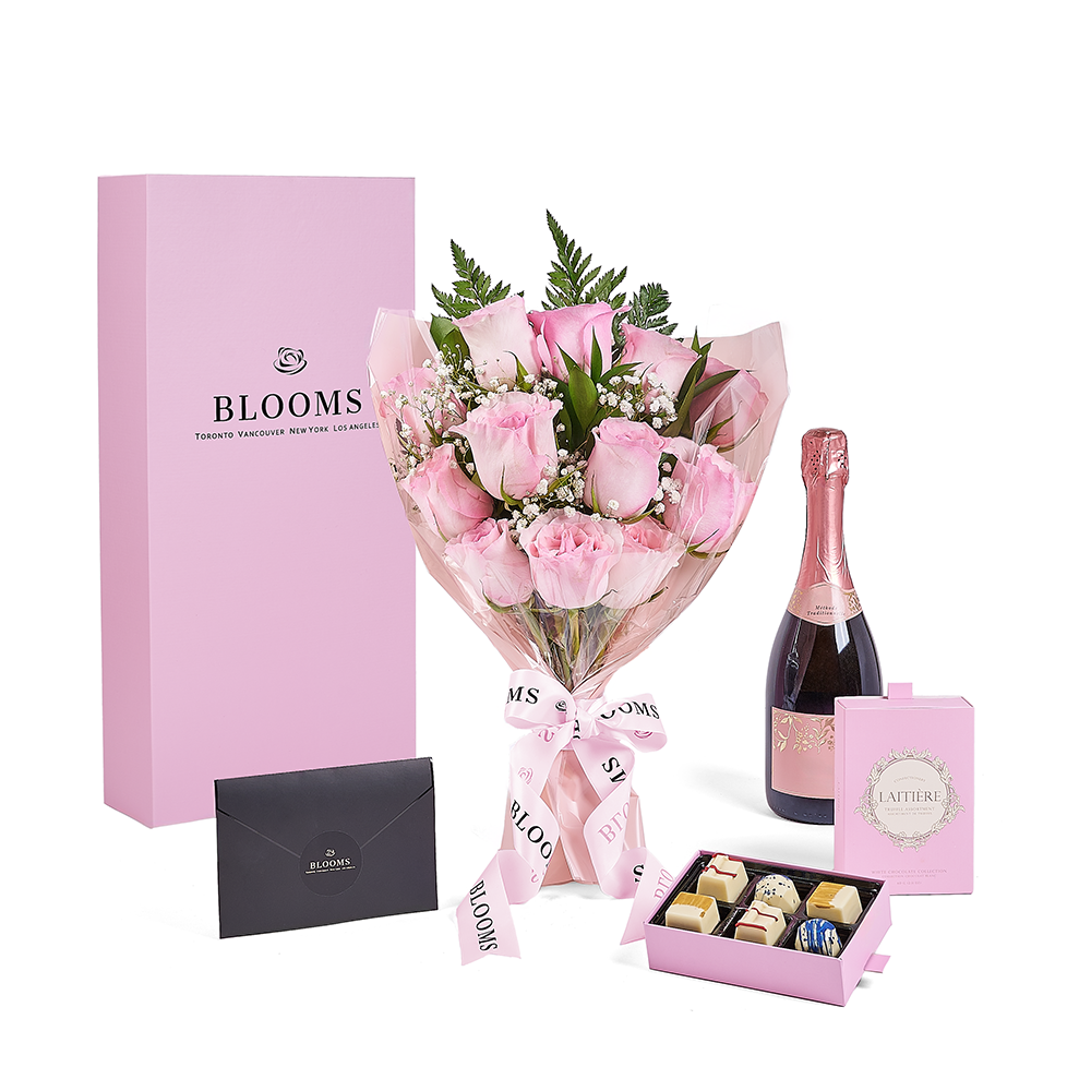 Mother’s Day Dozen Pink Rose Bouquet with Box, Champagne, &amp; Chocolate, champagne gift, champagne, sparkling wine gift, sparkling wine, mothers day gift, mothers day, Los Angeles delivery
