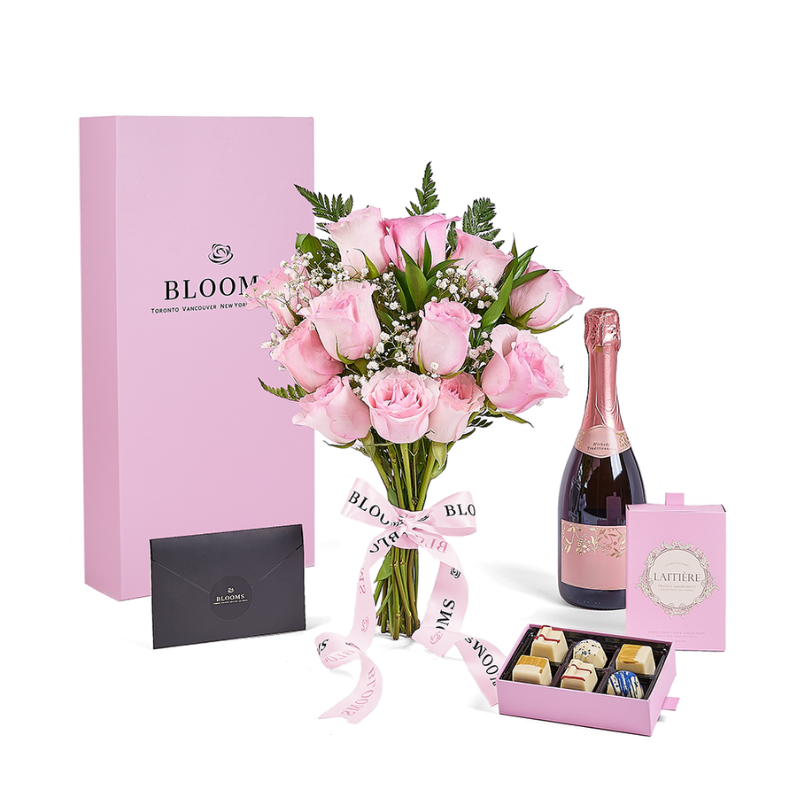 Mother’s Day Dozen Pink Rose Bouquet with Box, Champagne, & Chocolate