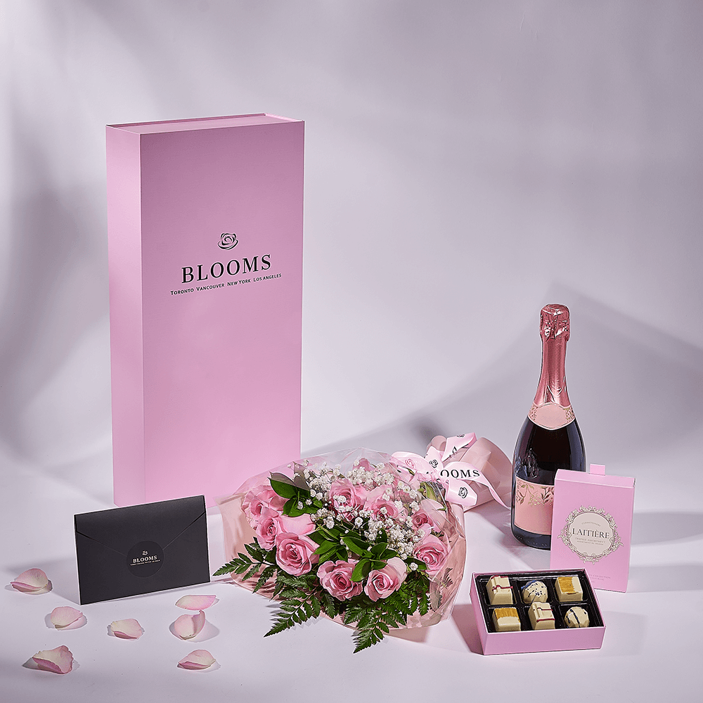 Mother’s Day Dozen Pink Rose Bouquet with Box, Champagne, & Chocolate, champagne gift, champagne, sparkling wine gift, sparkling wine, mothers day gift, mothers day, Los Angeles delivery