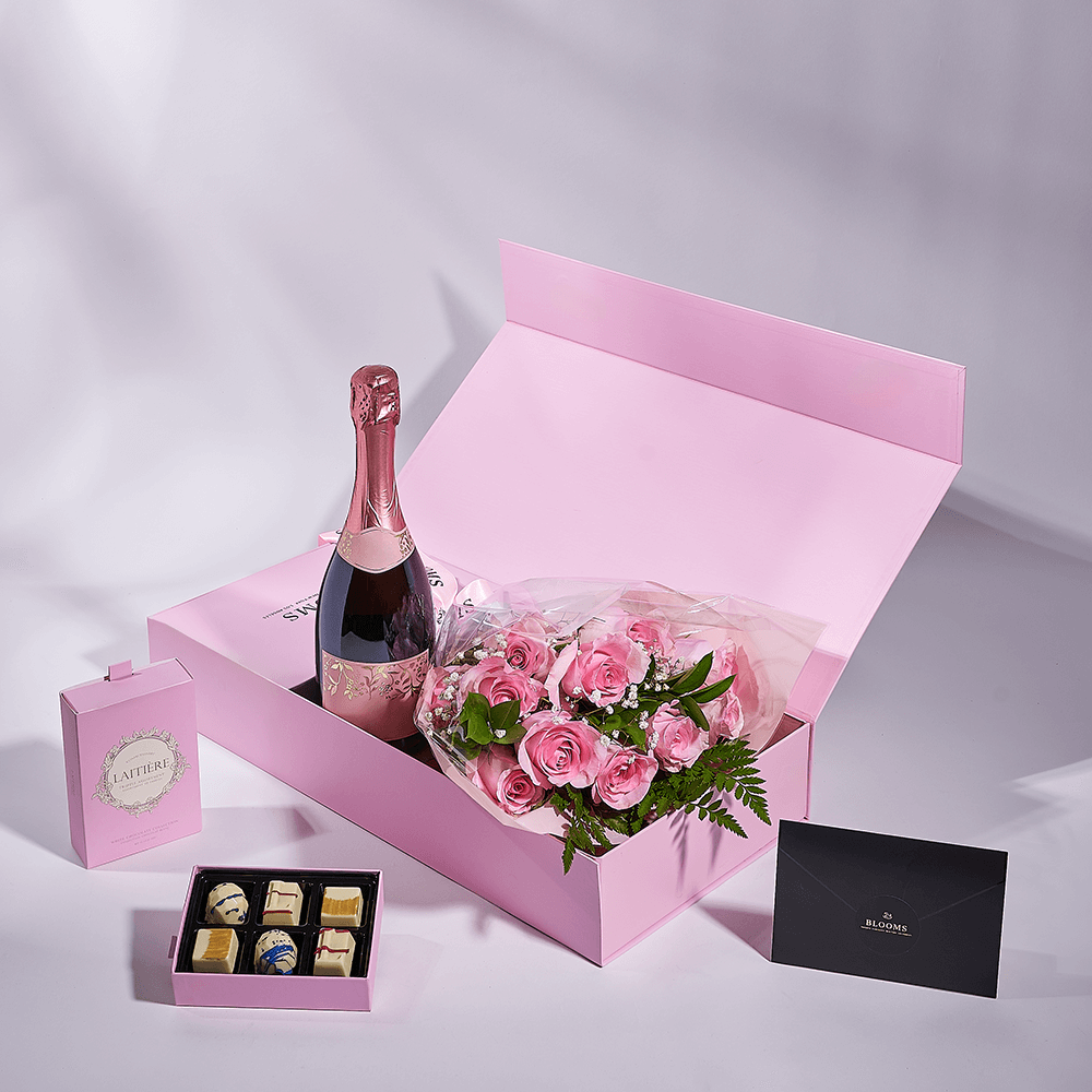 Mother’s Day Dozen Pink Rose Bouquet with Box, Champagne, & Chocolate, champagne gift, champagne, sparkling wine gift, sparkling wine, mothers day gift, mothers day, Los Angeles delivery
