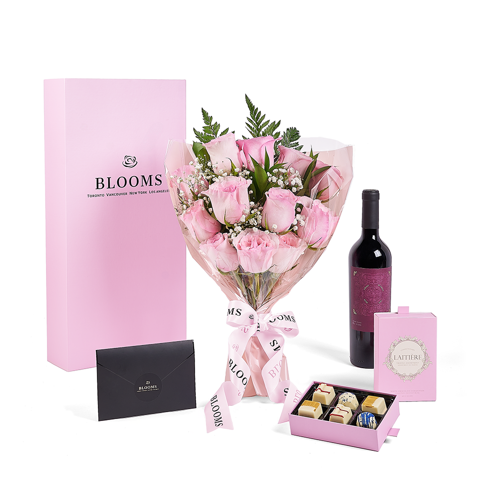 Mother's Day Pink Rose Bouquet with Wine Bottle and White Chocolate Truffles – how the gift is presented