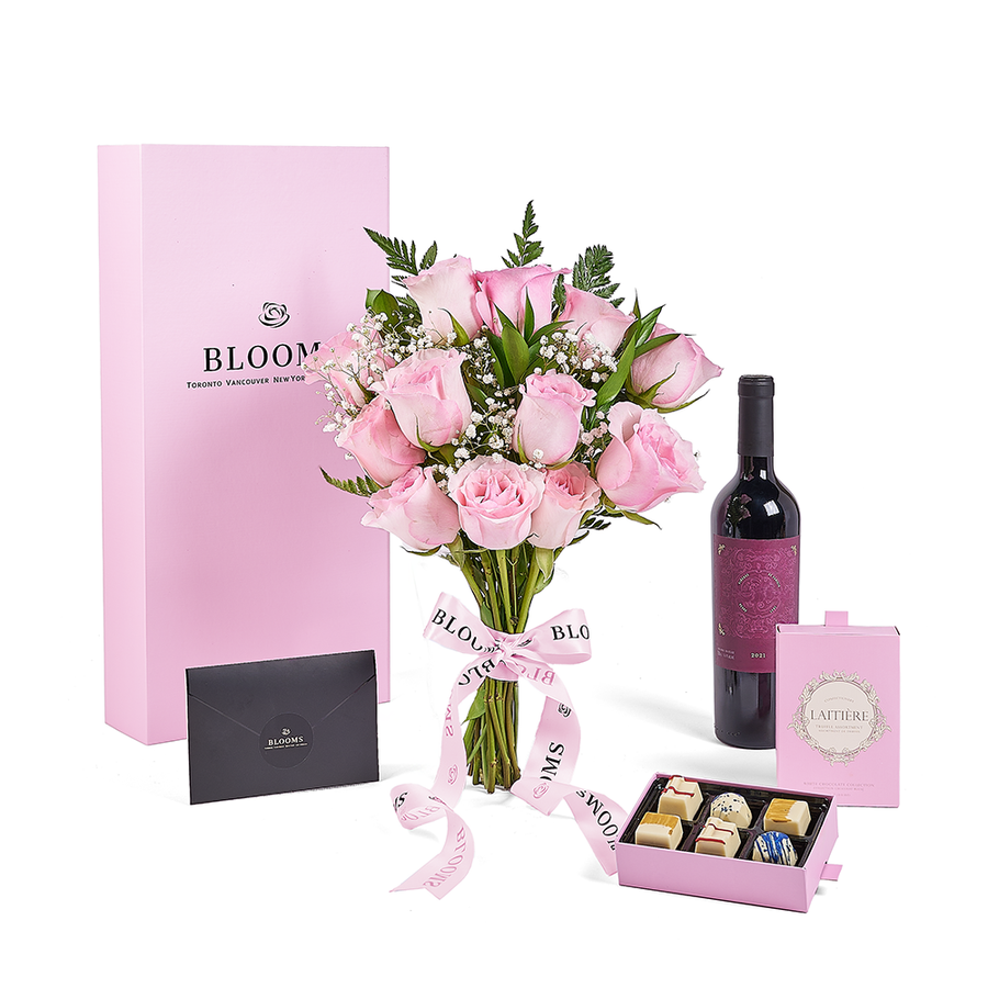 Mother’s Day Dozen Pink Rose Bouquet with Box, Wine, & Chocolate, rose gift, rose, mothers day gift, mothers day, wine gift, wine, Los Angeles delivery